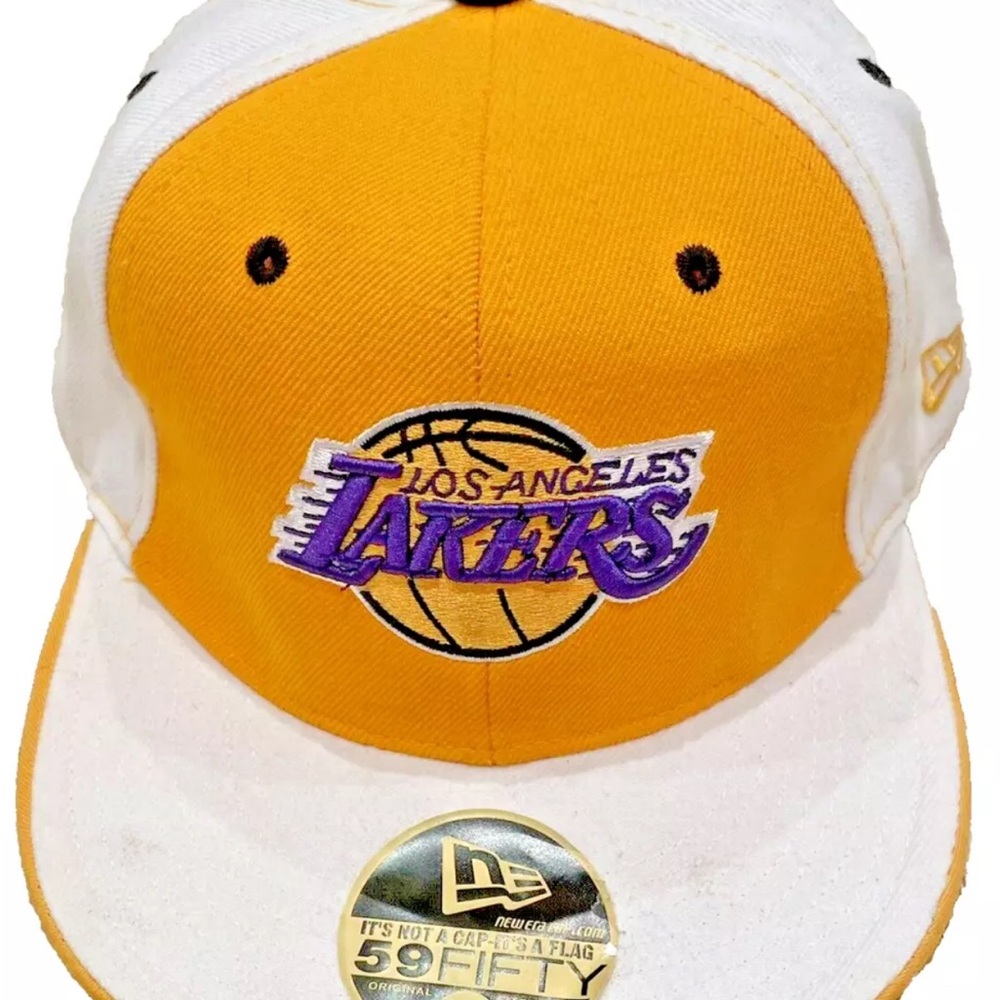 RARE NEW ERA NBA LOS ANGELES LAKERS White Yellow PP59Fifty Fitted 7 5/8 Cap NWOT